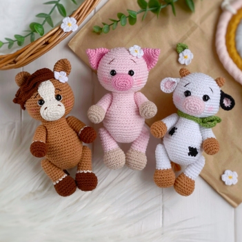 SET 3 farm animals: cow, pig, horse amigurumi pattern by Knit.friends