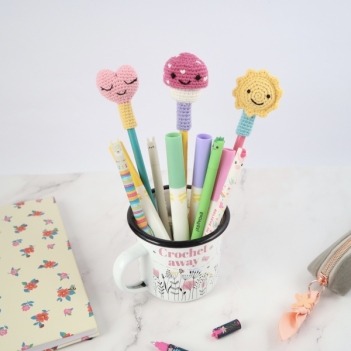 Sun, Mushroom & Heart Pencil Topper amigurumi pattern by Smiley Crochet Things