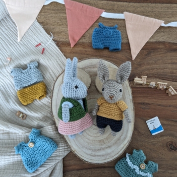 Baby bunny + wardrobe amigurumi pattern by La Fabrique des Songes
