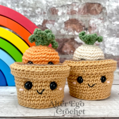 No sew Carrot and Parsnip in Pots amigurumi pattern by Alter Ego Crochet