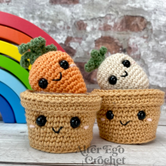 No sew Carrot and Parsnip in Pots amigurumi pattern by Alter Ego Crochet