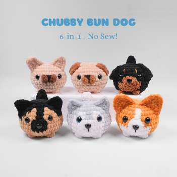 6-in-1 Chubby Bun Dog, NO SEW amigurumi pattern by Crochet Pattern By Nina