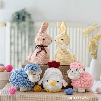 Easter decoration: bunnies, chick, sheeps and eggs amigurumi pattern by RNata