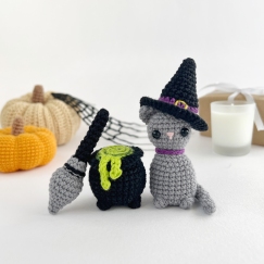 Halloween Cat Hat Cauldron Broom