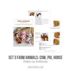 SET 3 farm animals: cow, pig, horse amigurumi pattern by Knit.friends