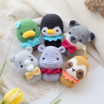 mini toys: sloth, penguin, duck, hippo, rhino and wolf amigurumi pattern by RNata