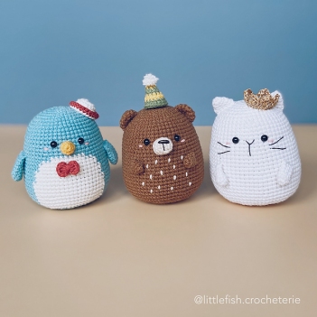 bear Choco, cat Snow, penguin Bluebell amigurumi pattern by Little Fish Crocheterie