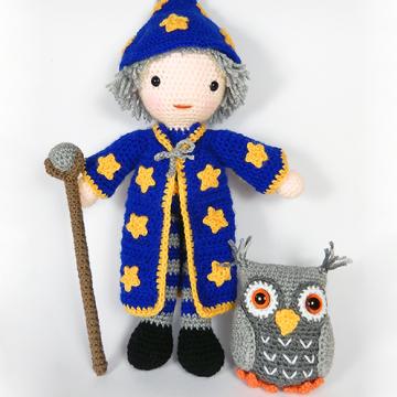 Merlin the wizard and Hoots the owl amigurumi pattern by Janine Holmes at Moji-Moji Design